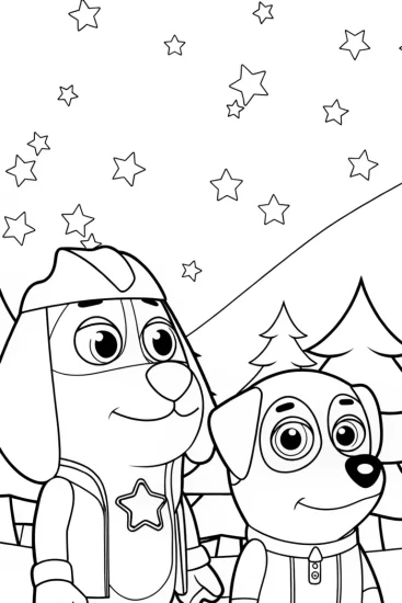 A coloring page of Bluey and Bingo’s starry night adventure