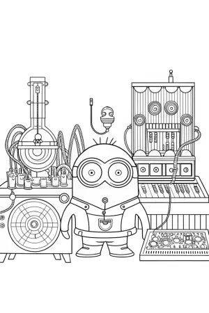 Minion inventing a music machine coloring pages