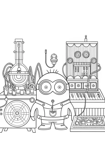 A coloring page of Minion inventing a music machine