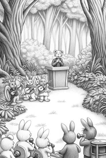 A coloring page of Whiskers conducting a forest orchestra