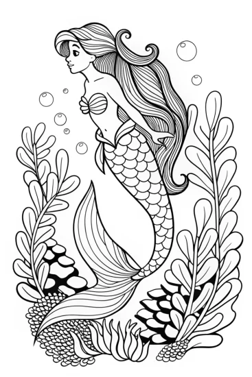 A coloring page of Little Mermaid singing underwater