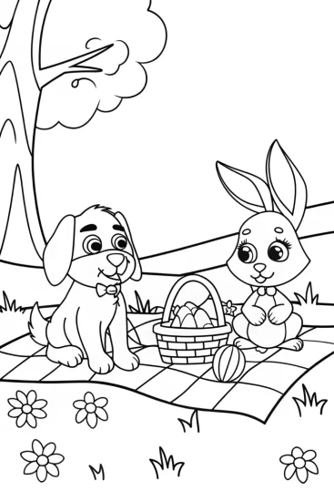 A coloring page of Dog and rabbit picnic adventure