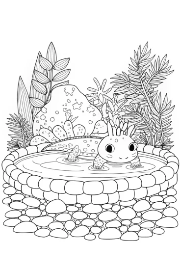 A coloring page of Axolotl relaxing in a hot spring