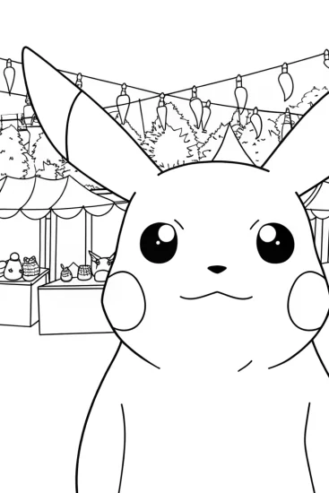 A coloring page of Pikachu at the enchanted market