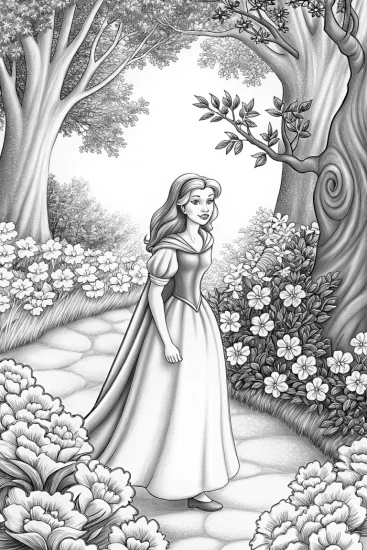A coloring page of Belle in the magical garden