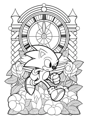 Sonic racing against a clock coloring pages