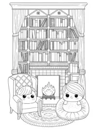 Squishmallows in a cozy library