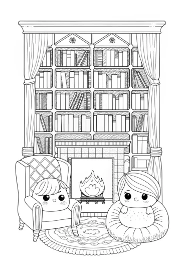 A coloring page of Squishmallows in a cozy library