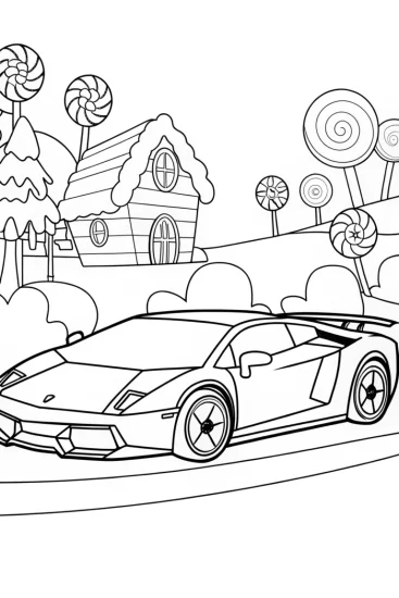 A coloring page of Lamborghini racing through candy land
