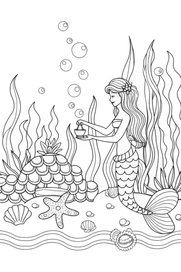 A coloring page of Mermaid tea ceremony