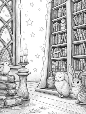 Animals in the enchanted library coloring pages