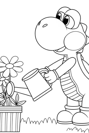 A coloring page of Yoshi watering star flowers