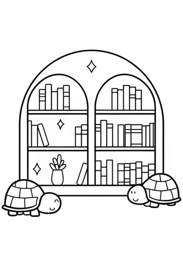 A coloring page of Turtles in a magical library