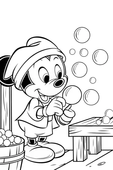 A coloring page of Mickey Mouse bubble workshop