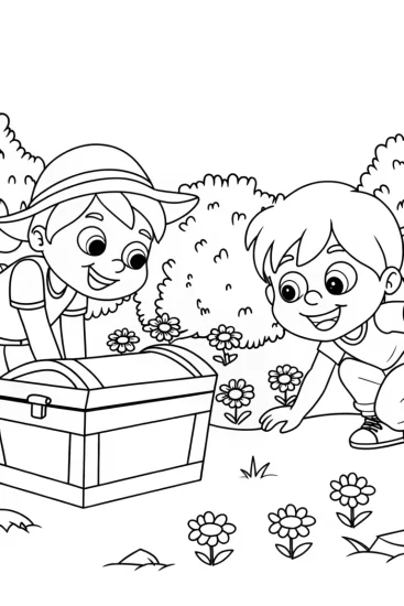 A coloring page of Kids discovering treasures in a garden