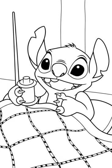 A coloring page of Stitch sewing a colorful quilt
