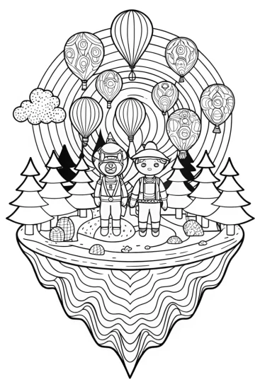 A coloring page of Heart explorers on a floating island