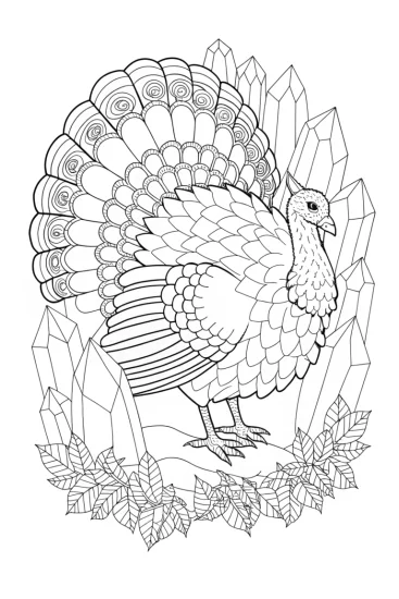 A coloring page of Turkey exploring a crystal cave