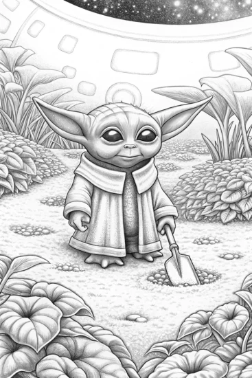 A coloring page of Baby Yoda gardening in space