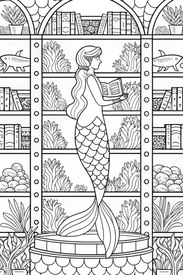 A coloring page of Mermaid librarian in the coral archive