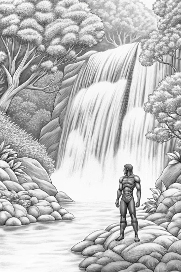 A coloring page of Black Panther by the waterfall