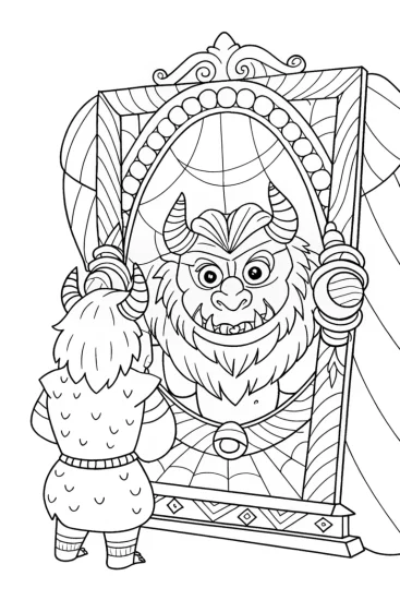 A coloring page of Monster looking in a mirror