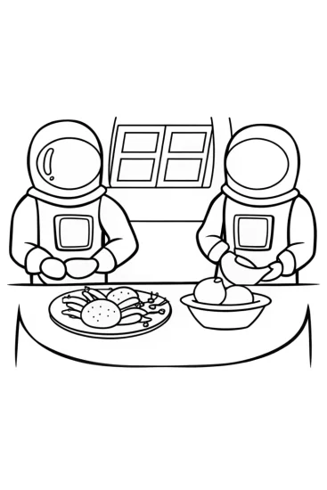 A coloring page of Astronauts preparing Thanksgiving feast