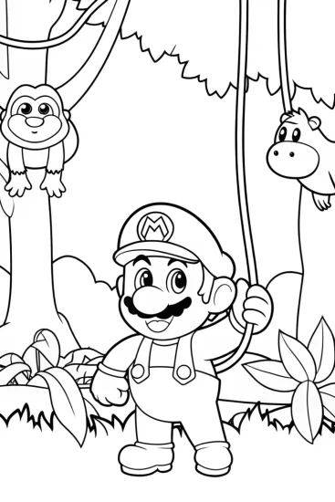 A coloring page of Mario rescuing jungle animals