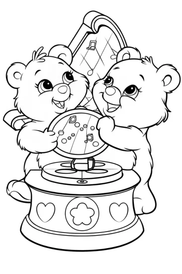 A coloring page of Care Bears magical music box