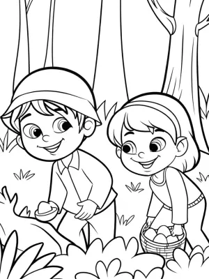 Children treasure hunting in forest coloring pages