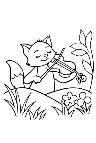A coloring page of Fox playing violin in the meadow