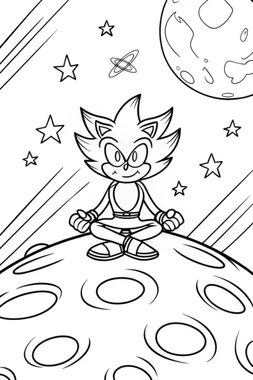 A coloring page of Super Sonic yoga on an asteroid