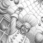 Spider chef juggling fruits