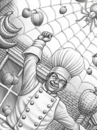 Spider chef juggling fruits