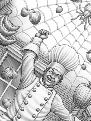 Spider chef juggling fruits coloring pages