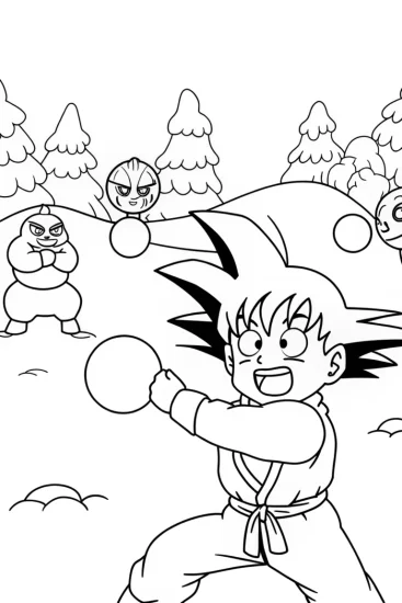 A coloring page of Goku snowball fight with aliens