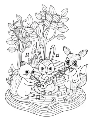 Woodland animals making music coloring pages