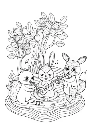 A coloring page of Woodland animals making music