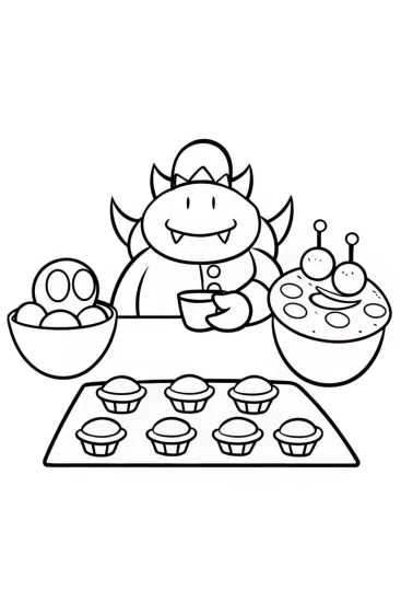 A coloring page of Bowser baking alien treats