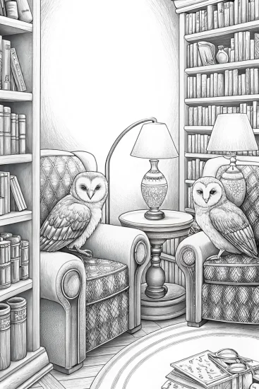 A coloring page of Owls in a cozy library
