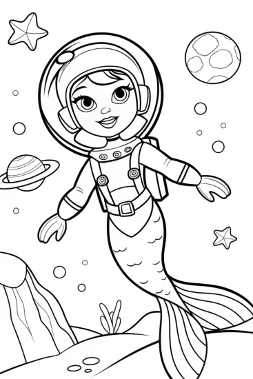 A coloring page of Mermaid astronaut exploring space