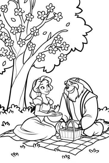 A coloring page of Belle and Beast’s magical picnic