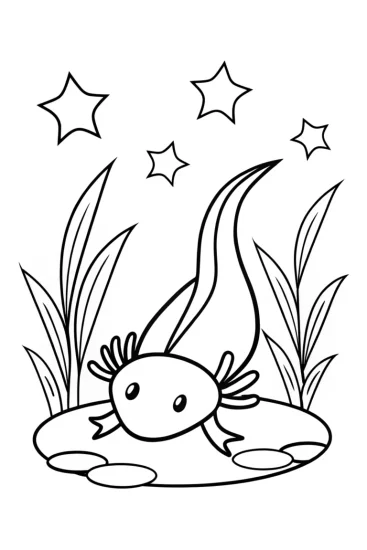 A coloring page of Axolotl’s starry night adventure