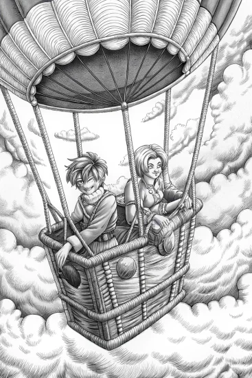 A coloring page of Anime characters in a hot air balloon