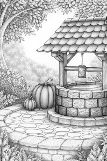 A coloring page of Thanksgiving wishes at a well