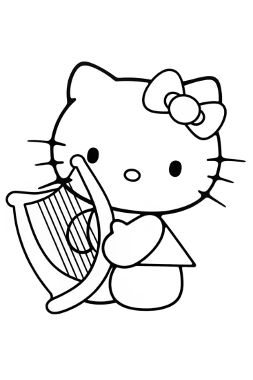 A coloring page of Hello Kitty playing a harp