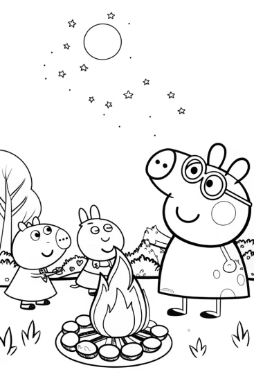 A coloring page of Peppa Pig campfire stories