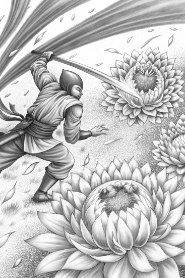 A coloring page of Ninja battles flower spirit