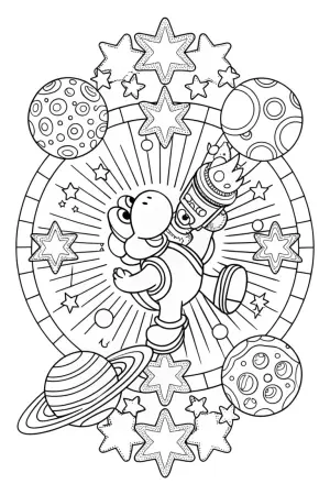 Yoshi in a cosmic art competition coloring pages