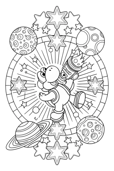 A coloring page of Yoshi in a cosmic art competition